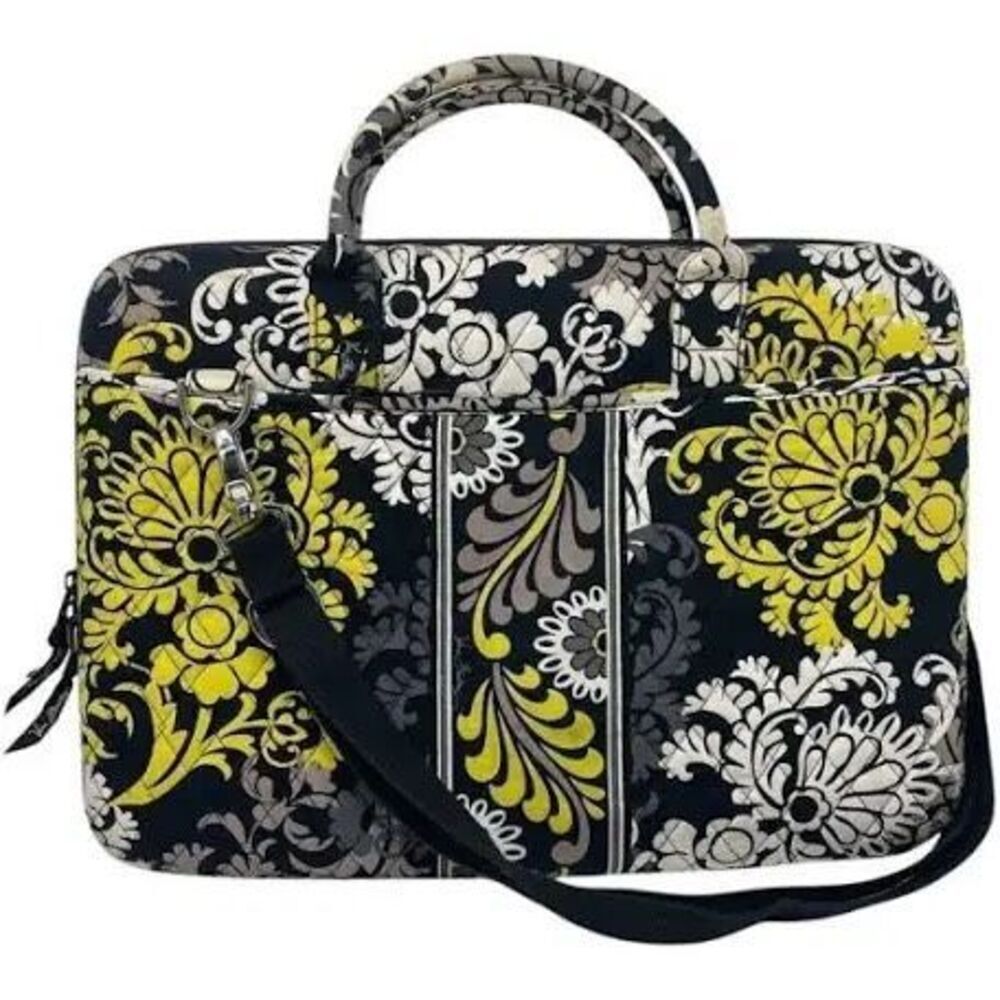 Vera Bradley Laptop Case Messenger Bag Black Yellow Fleur De Lis Paisley Office